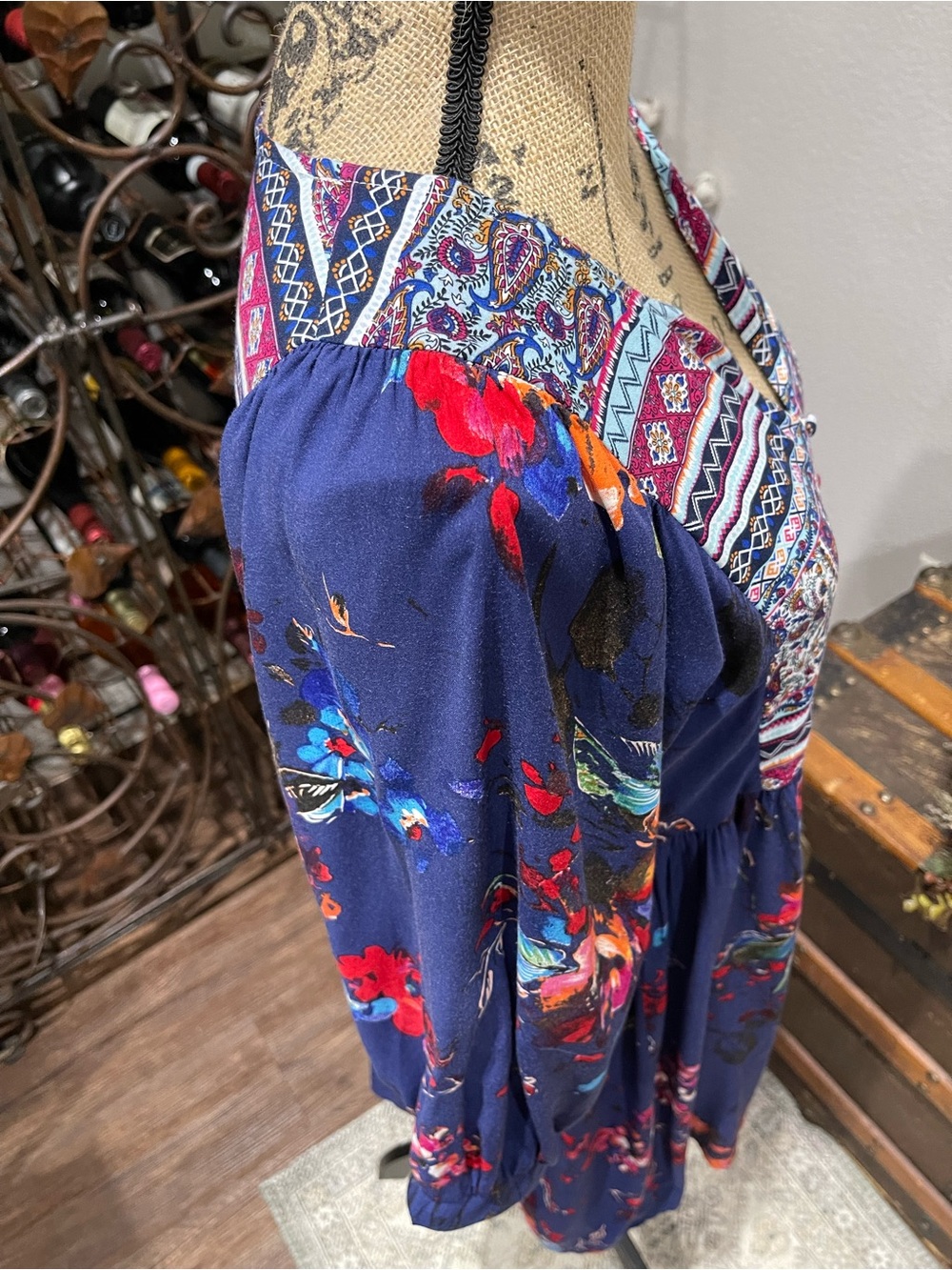 Umgee Boho Floral V-Neck Smocked Waist Dress in Navy - Picture 5 of 9
